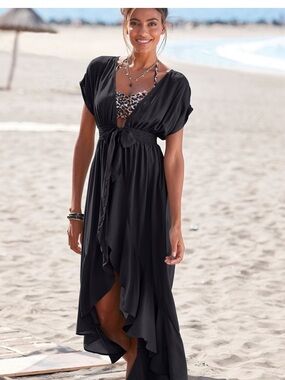 NWT Lascana Black Flowing Beach Cover-Up with Tie Waist